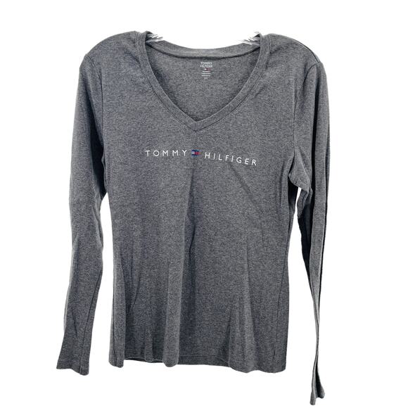 Tommy Hilfiger Gray Cotton V Neck Long Sleeve Classic Pullover T-Shirt Top L - Picture 1 of 9